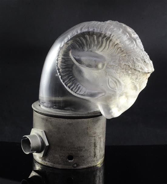 Tête de Belier/Rams Head. A glass mascot by René Lalique, introduced on 3/2/1928, No.1136 Height overall 13.5cm.